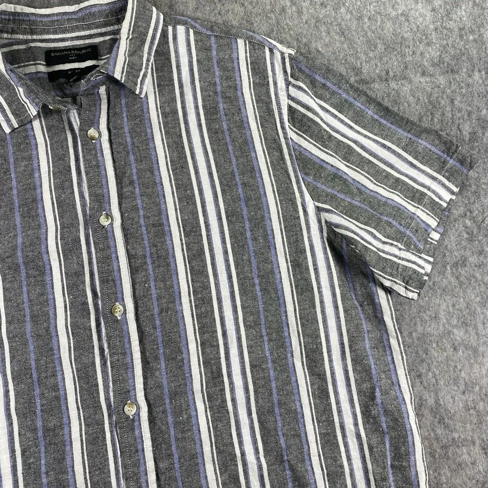 Banana Republic Linen Shirt Men's XL Slim‎ Striped Short Sleeve Gray Blue Summer